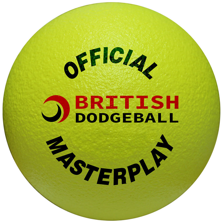 A 15cm yellow Official British Dodgeball Foam Dodgeball - Single by British Dodgeball, featuring OFFICIAL MASTERPLAY in black, BRITISH DODGEBALL in red and black, a crescent logo, and a wipe-clean surface.