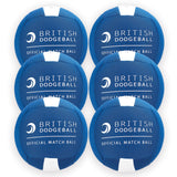 Six Official British Dodgeball Match Balls by British Dodgeball, featuring a blue and white design with the crescent logo and text. Set includes six durable dodgeballs arranged in two columns of three.