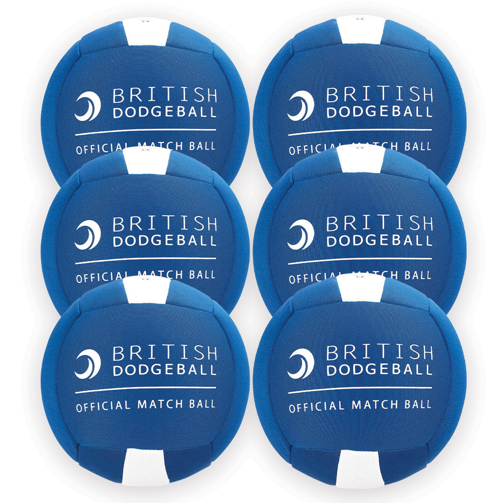 Six Official British Dodgeball Match Balls by British Dodgeball, featuring a blue and white design with the crescent logo and text. Set includes six durable dodgeballs arranged in two columns of three.