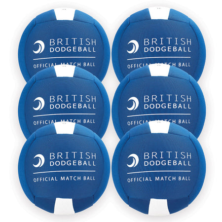 Six Official British Dodgeball Match Balls by British Dodgeball, featuring a blue and white design with the crescent logo and text. Set includes six durable dodgeballs arranged in two columns of three.
