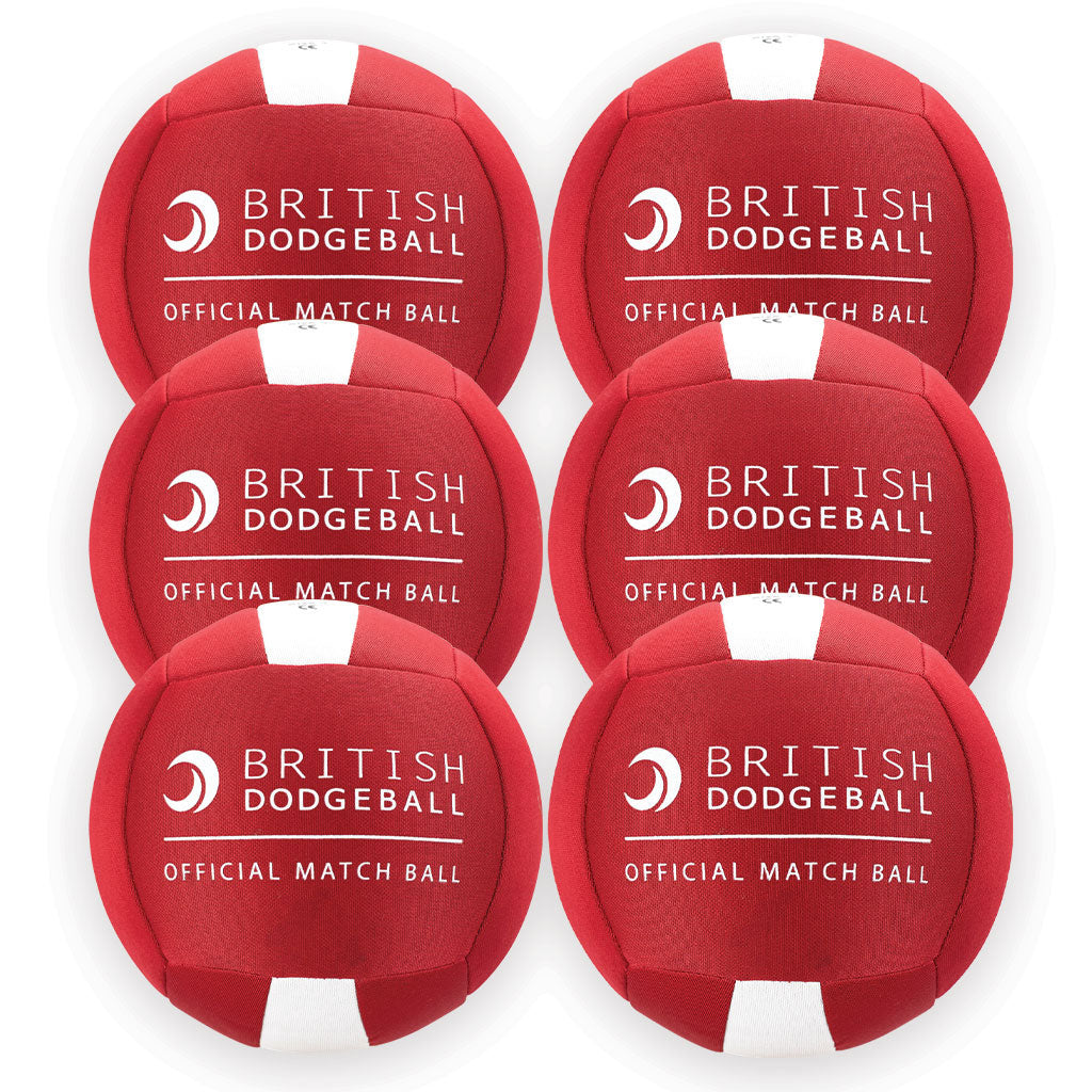 Six Official British Dodgeball Match Balls (Six Pack) by British Dodgeball, arranged in two rows of three, each labeled “British Dodgeball Official Match Ball” in white text. Made from durable polyester cloth for lasting performance.