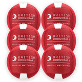 Six Official British Dodgeball Match Balls (Six Pack) by British Dodgeball, arranged in two rows of three, each labeled “British Dodgeball Official Match Ball” in white text. Made from durable polyester cloth for lasting performance.