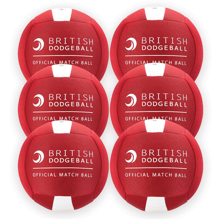 Six Official British Dodgeball Match Balls (Six Pack) by British Dodgeball, arranged in two rows of three, each labeled “British Dodgeball Official Match Ball” in white text. Made from durable polyester cloth for lasting performance.