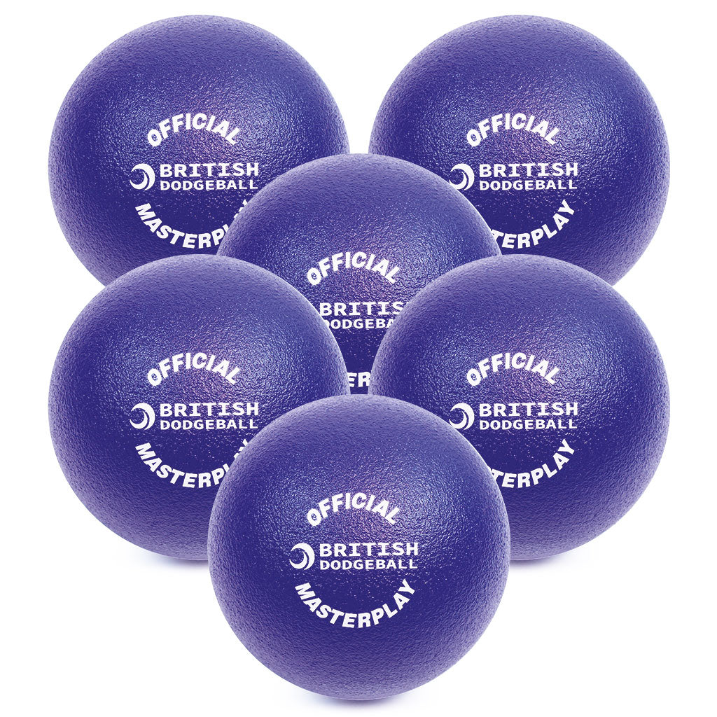 A six pack of 17cm purple textured foam dodgeballs from British Dodgeball is arranged together. Each features "OFFICIAL BRITISH DODGEBALL MASTERPLAY" and a crescent logo in white.