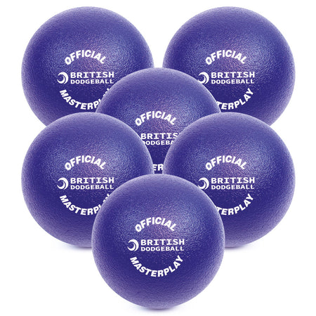 A six pack of 17cm purple textured foam dodgeballs from British Dodgeball is arranged together. Each features "OFFICIAL BRITISH DODGEBALL MASTERPLAY" and a crescent logo in white.