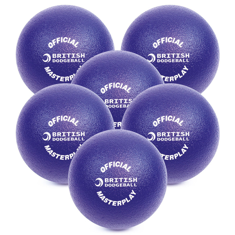 A six pack of 17cm purple textured foam dodgeballs from British Dodgeball is arranged together. Each features "OFFICIAL BRITISH DODGEBALL MASTERPLAY" and a crescent logo in white.