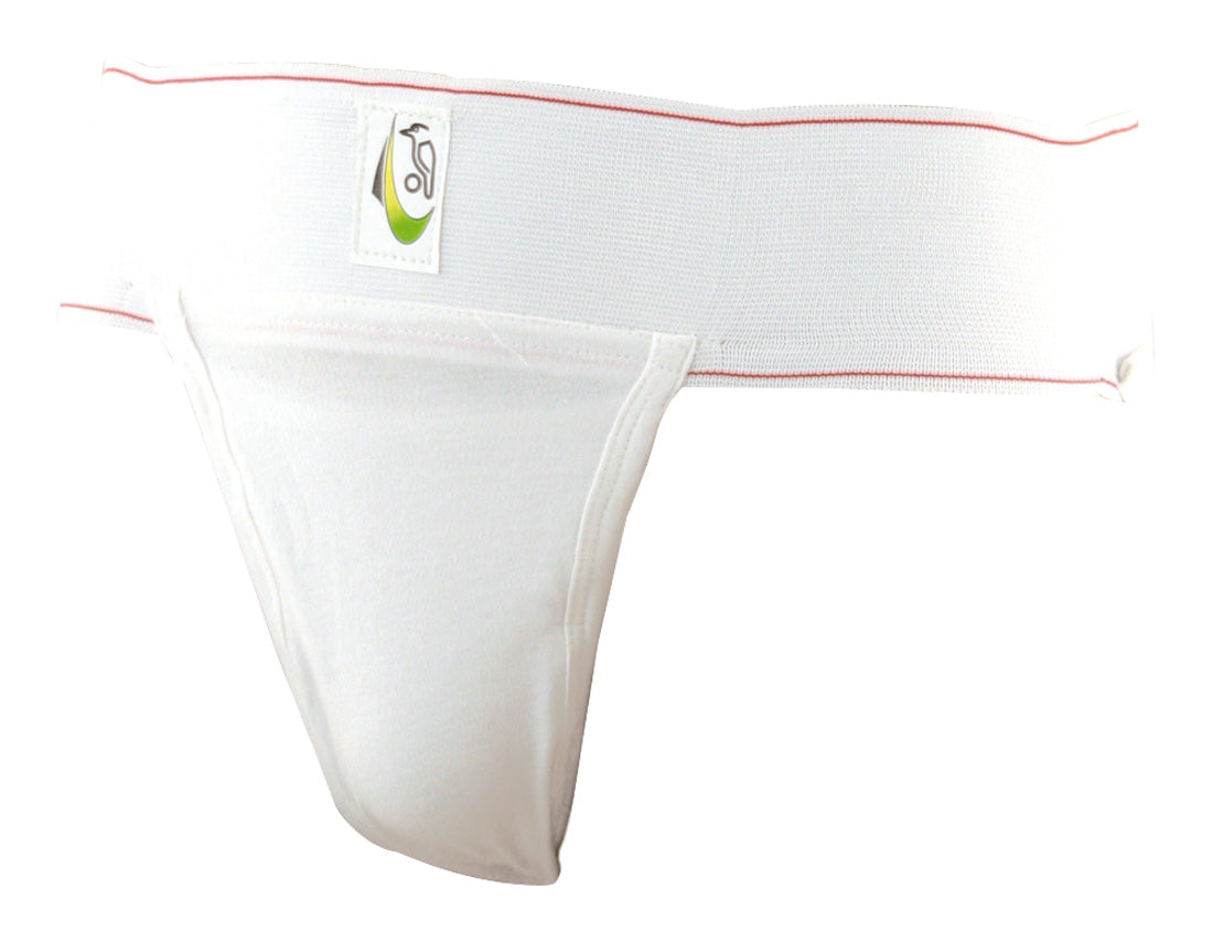 The Kookaburra Jock Strap by Kookaburra is a white athletic jockstrap with a wide elastic waistband and a front logo patch. Made from soft cotton, its contoured pouch offers supportive, all-day comfort.