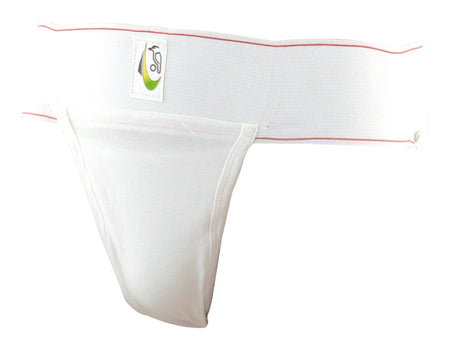 The Kookaburra Jock Strap by Kookaburra is a white athletic jockstrap with a wide elastic waistband and a front logo patch. Made from soft cotton, its contoured pouch offers supportive, all-day comfort.