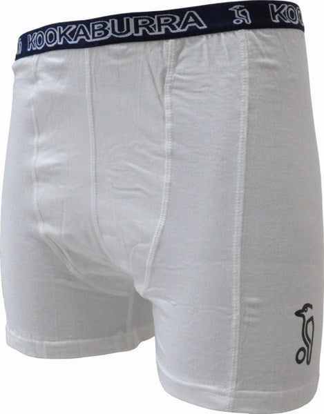 The Kookaburra Jock Short by Kookaburra is a pair of white cotton lycra briefs with a black waistband featuring KOOKABURRA in white and a small black Kookaburra bird logo on the left leg.