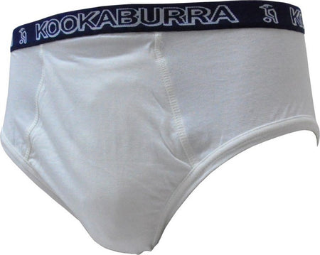 Kookaburra Jock Brief men’s briefs with a navy waistband displaying the Kookaburra brand name in large white letters and a small logo. Made from cotton lycra, these appear new and unworn.