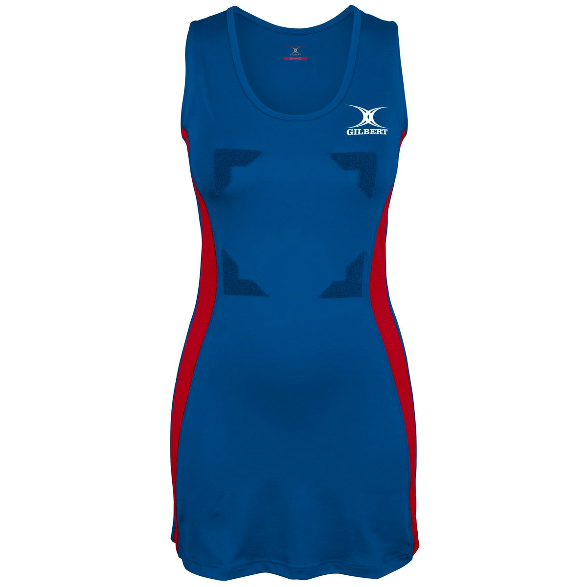 The Gilbert Eclipse Netball Dress is a sleeveless women's uniform in royal with red side panels, featuring a white Gilbert logo on the left chest, fitted shape, and scoop neckline for comfort and style.