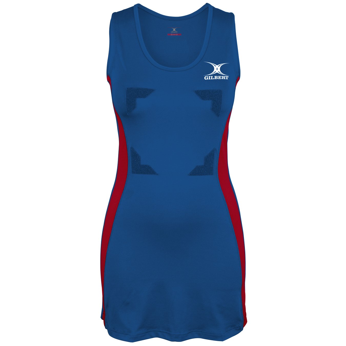 The Gilbert Eclipse Netball Dress is a sleeveless women's uniform in royal with red side panels, featuring a white Gilbert logo on the left chest, fitted shape, and scoop neckline for comfort and style.