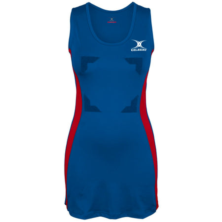 The Gilbert Eclipse Netball Dress is a sleeveless women's uniform in royal with red side panels, featuring a white Gilbert logo on the left chest, fitted shape, and scoop neckline for comfort and style.