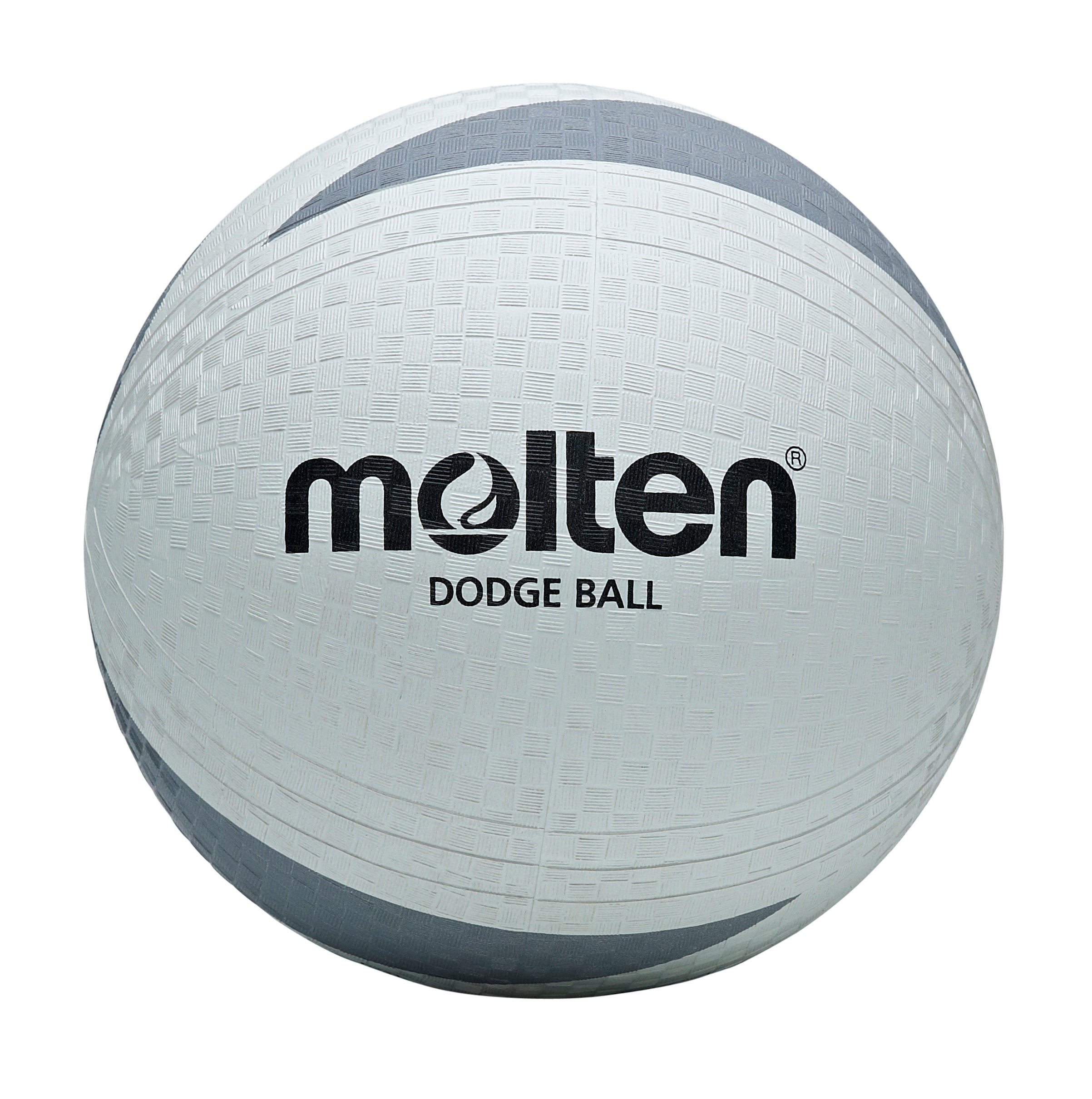 The Molten D2S1200 Soft Dodgeball is a white ball with a textured soft rubber surface, "molten" and "DODGE BALL" printed in black on the front, plus gray curved accents for a non-sting grip.