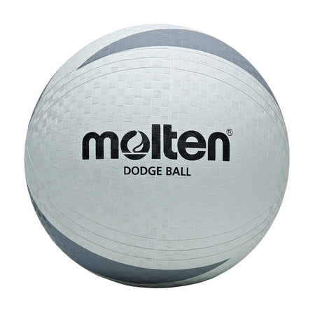 The Molten D2S1200 Soft Dodgeball is a white ball with a textured soft rubber surface, "molten" and "DODGE BALL" printed in black on the front, plus gray curved accents for a non-sting grip.