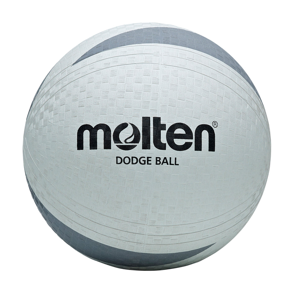 The Molten D2S1200 Soft Dodgeball is a white ball with a textured soft rubber surface, "molten" and "DODGE BALL" printed in black on the front, plus gray curved accents for a non-sting grip.