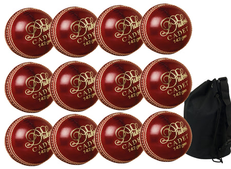 The Dukes Cadet Junior Red 12 Pack with Ball Bag includes twelve 142g junior cricket balls, each marked “Duke Cadet,” and comes with a black drawstring bag—perfect for match play.