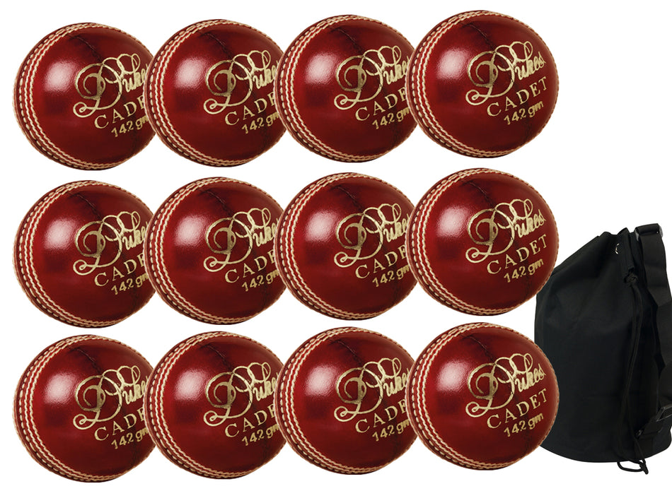 The Dukes Cadet Junior Red 12 Pack with Ball Bag includes twelve 142g junior cricket balls, each marked “Duke Cadet,” and comes with a black drawstring bag—perfect for match play.