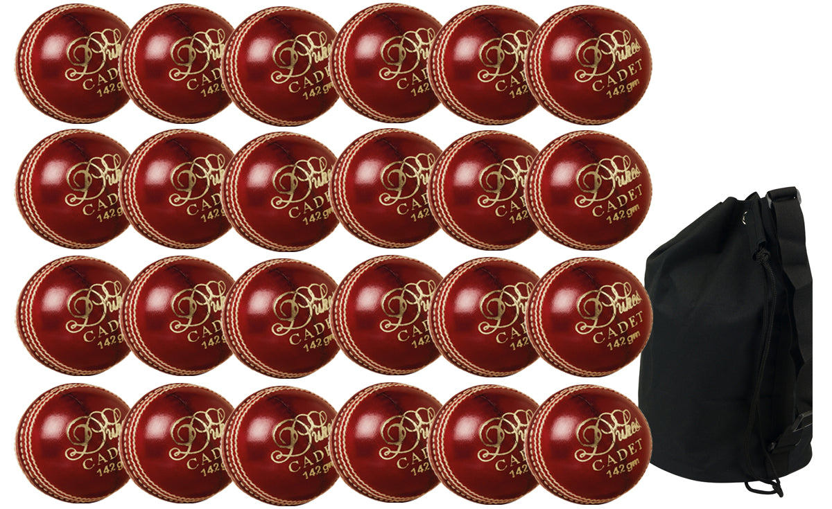 The Dukes Cadet Junior Red 24 Pack With Ball Bag features 24 red junior cricket balls from Dukes arranged in a grid beside a large black carrying bag.