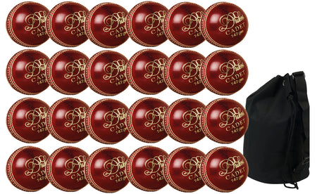 The Dukes Cadet Junior Red 24 Pack With Ball Bag features 24 red junior cricket balls from Dukes arranged in a grid beside a large black carrying bag.