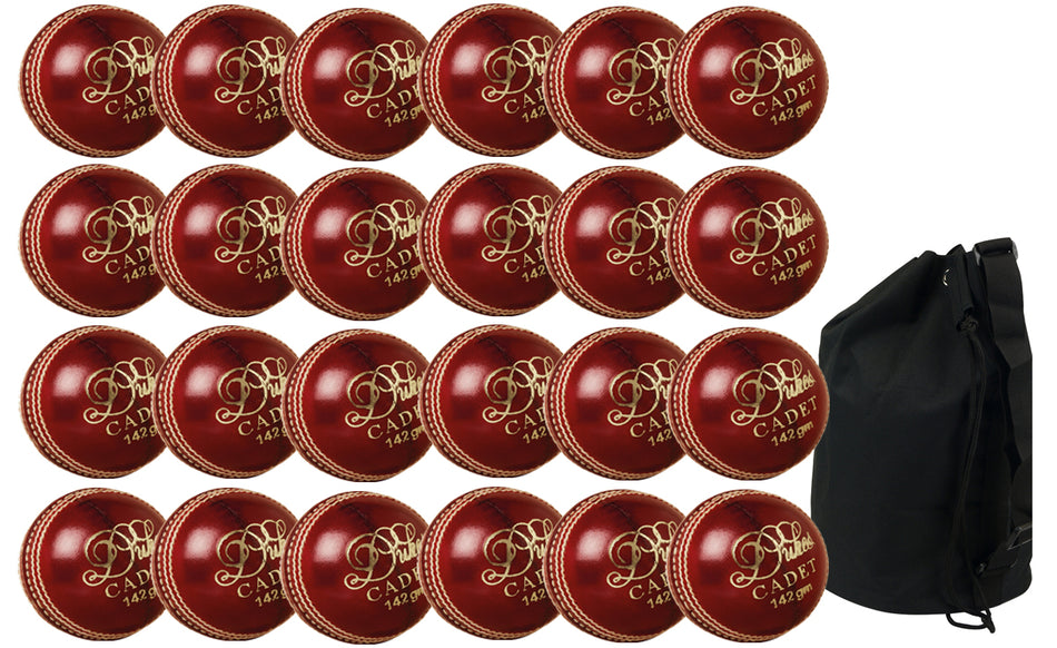 The Dukes Cadet Junior Red 24 Pack With Ball Bag features 24 red junior cricket balls from Dukes arranged in a grid beside a large black carrying bag.