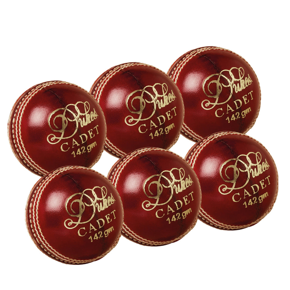 The Dukes Cadet Junior Red 6 Pack includes six junior cricket balls with gold lettering and white stitching, displayed in two rows against a white background—ideal match balls for young players.