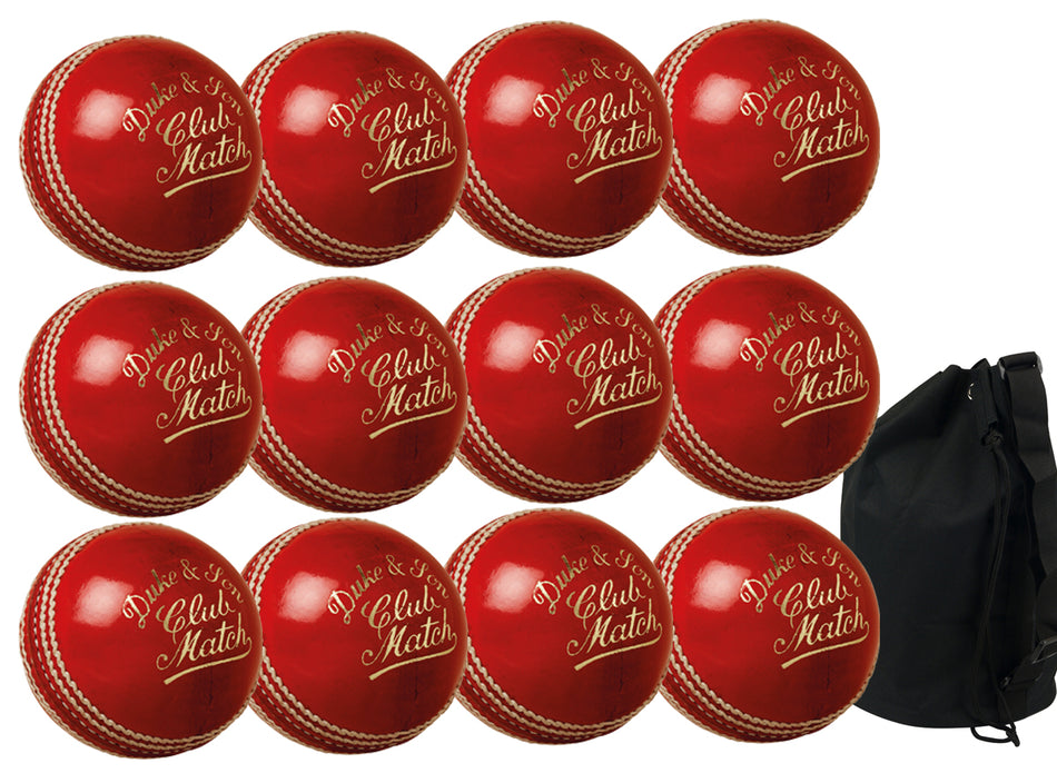 The Dukes Club Match Senior Red 12 Pack with Ball Bag includes twelve red cricket balls printed with gold lettering, neatly arranged in rows, and a black carrying bag placed on the right.