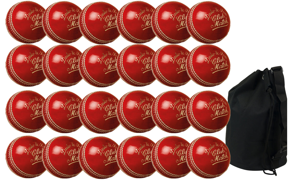 Twenty-four Dukes Club Match Senior red cricket balls by Dukes are arranged in four rows beside the included black ball bag (Dukes Club Match Senior Red 24 Pack With Ball Bag).