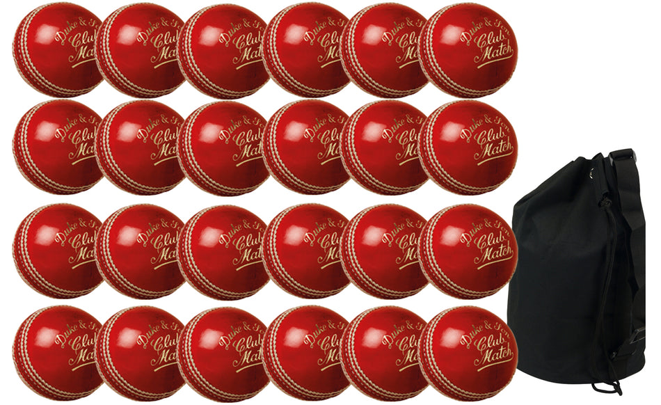 Twenty-four Dukes Club Match Senior red cricket balls by Dukes are arranged in four rows beside the included black ball bag (Dukes Club Match Senior Red 24 Pack With Ball Bag).