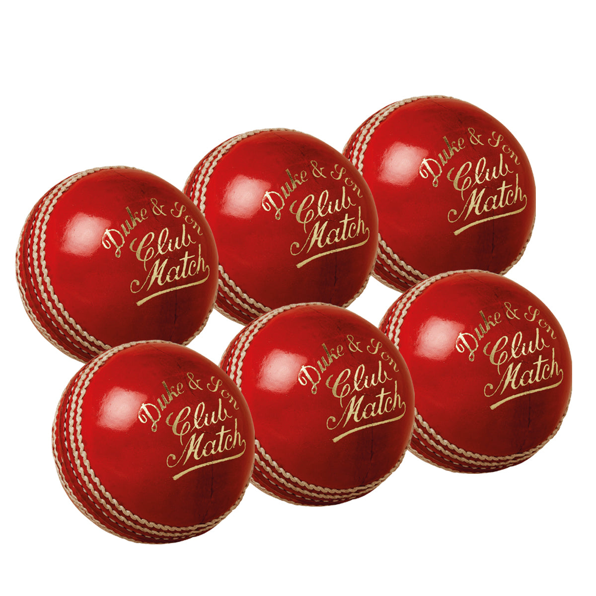 Six red Dukes Club Match Senior cricket balls with white stitching are arranged together. Each ball, hand sewn by Dukes, features “Club Match” in gold lettering on the surface. Available as a 6 pack.