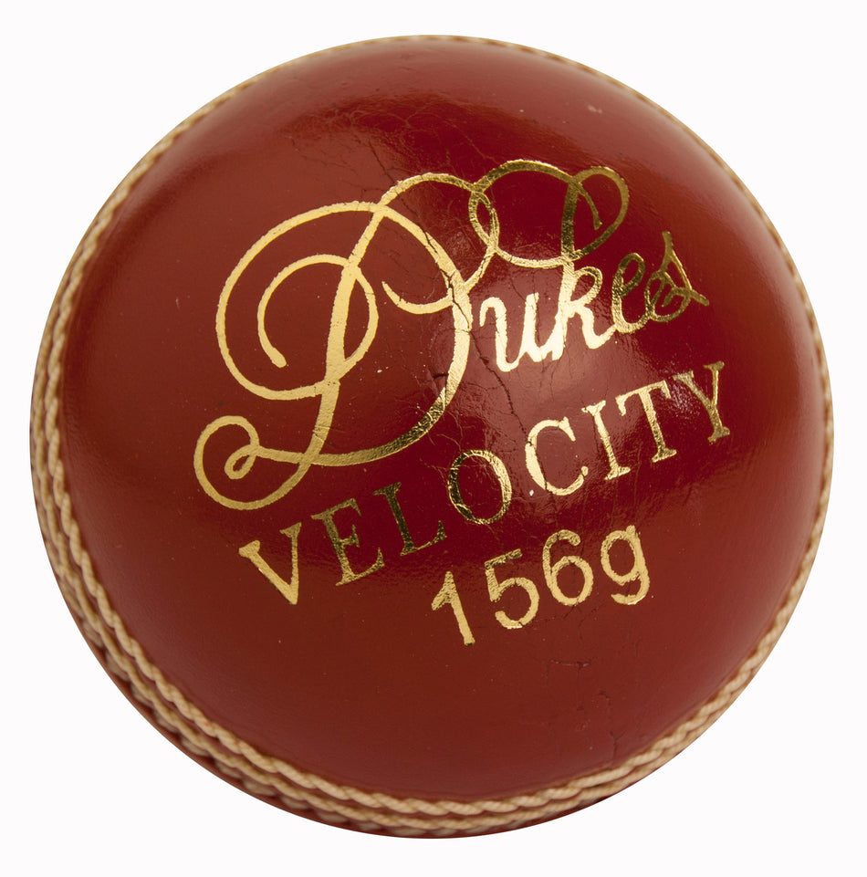 A red Dukes Velocity Senior Cricket Ball with gold "Dukes VELOCITY 156g" text and visible seam stitching.
