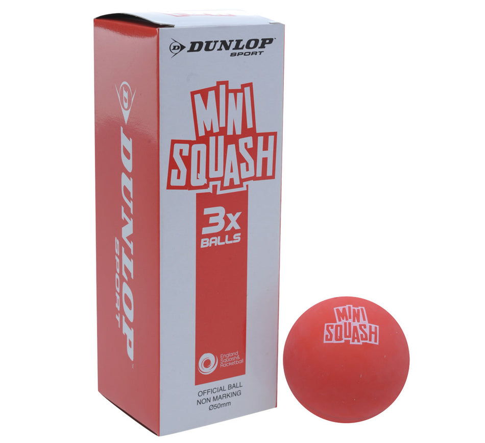 A red Dunlop Fun Mini Squash Balls box stands upright next to a matching red Dunlop beginner squash ball with "Mini Squash" text, both set against a white background.