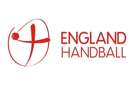 The Mastersport Launch Handball (Set of 4) features the England Handball logo—a stylized red player with a ball forming a cross—beside “England Handball” in bold red. Approved PU foam handballs, perfect for beginners.