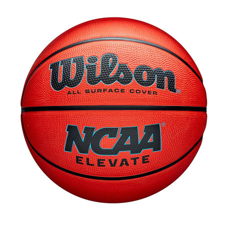 The Wilson NCAA Elevate basketball is red with black lines and text, featuring “Wilson All Surface Cover” and “NCAA Elevate.” Its textured surface uses total grip technology for better handling.