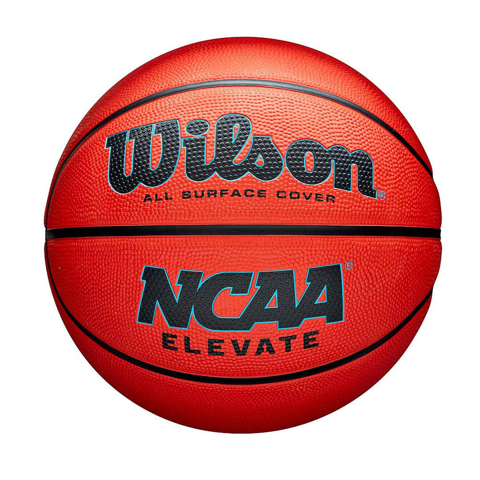 The Wilson NCAA Elevate basketball is red with black lines and text, featuring “Wilson All Surface Cover” and “NCAA Elevate.” Its textured surface uses total grip technology for better handling.