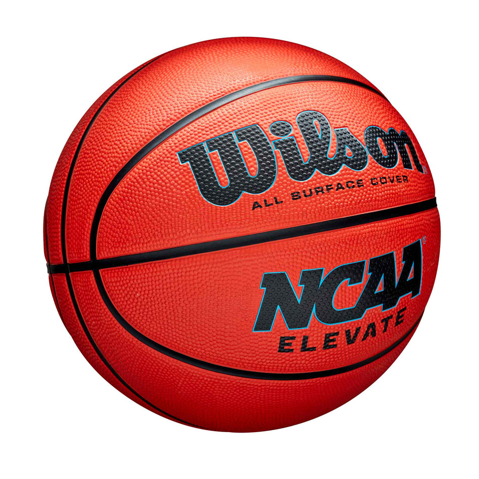 A close-up image of the Wilson NCAA Elevate basketball shows its textured surface, orange cover, and bold black and blue Wilson branding, highlighting its Total Grip Technology.