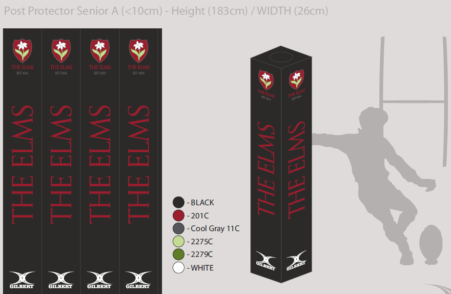 Set of four black Custom Printed Senior Rugby Post Protectors by Gilbert, featuring THE ELMS in red, a red and white crest at the top, and the Gilbert logo at the base. A shaded rugby player silhouette appears in the background.