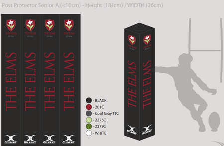 Set of four black Custom Printed Senior Rugby Post Protectors by Gilbert, featuring THE ELMS in red, a red and white crest at the top, and the Gilbert logo at the base. A shaded rugby player silhouette appears in the background.