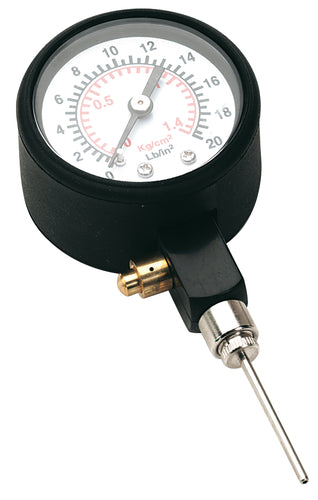 The Precision Easi Gauge by Precision Training features a black casing, white dial, and bottom needle connector. Ideal for measuring ball pressure, it displays readings in psi and bar for accurate results.