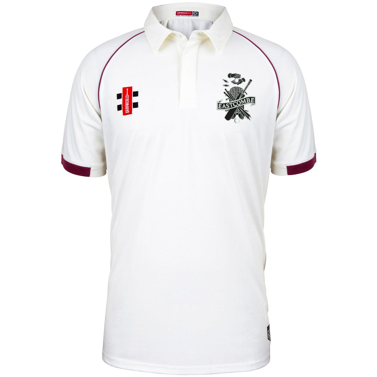 The Eastcombe CC Matrix V2 Short Sleeve Match Shirt by Martin Berrill Sports is a white cricket shirt with maroon cuffs, collar, and embroidered chest logos, including an EASTCOMBE crest.