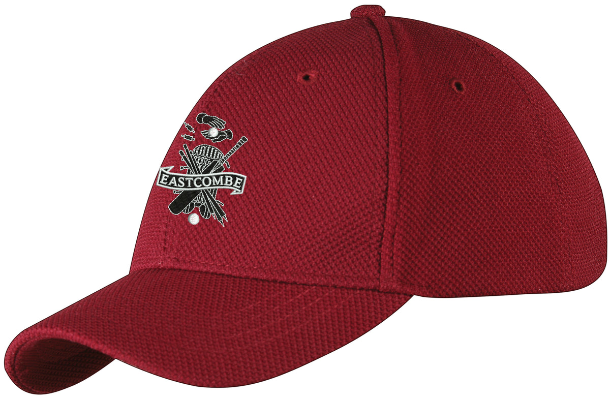 The Gray Nicolls Eastcombe CC GN Cap is maroon, one size fits all, and features an embroidered sports logo with helmet, bats, ball, and "EASTCOMBE" on the front for comfort and style.