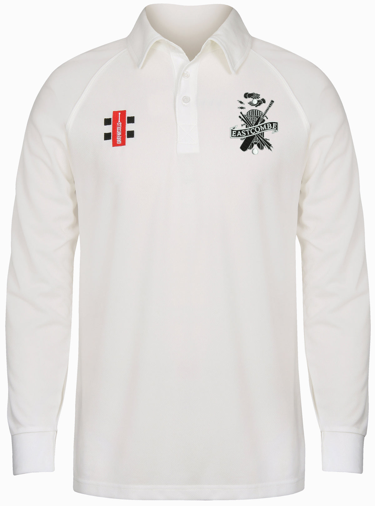 The Gray Nicolls Eastcombe CC Matrix V2 Long Sleeve Shirt is a white, moisture-wicking cricket shirt with a collar, featuring the Eastcombe emblem on the left chest and red, black, and cross badges on the right.