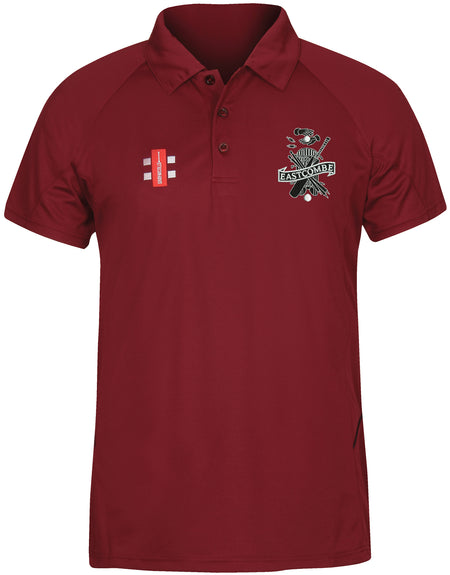 The Gray Nicolls Eastcombe CC Matrix V2 Polo Shirt in maroon features three buttons, a cricket-themed left chest logo, a small vertical red and white right logo, and is designed to manage moisture during active training.