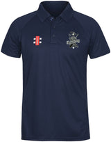 The Gray Nicolls Eastcombe CC Matrix V2 Polo Shirt in navy features short sleeves, collar, button placket, red-and-white left chest logo, EASTCOMBEE crest right chest logo, and moisture-wicking fabric—perfect for active training.