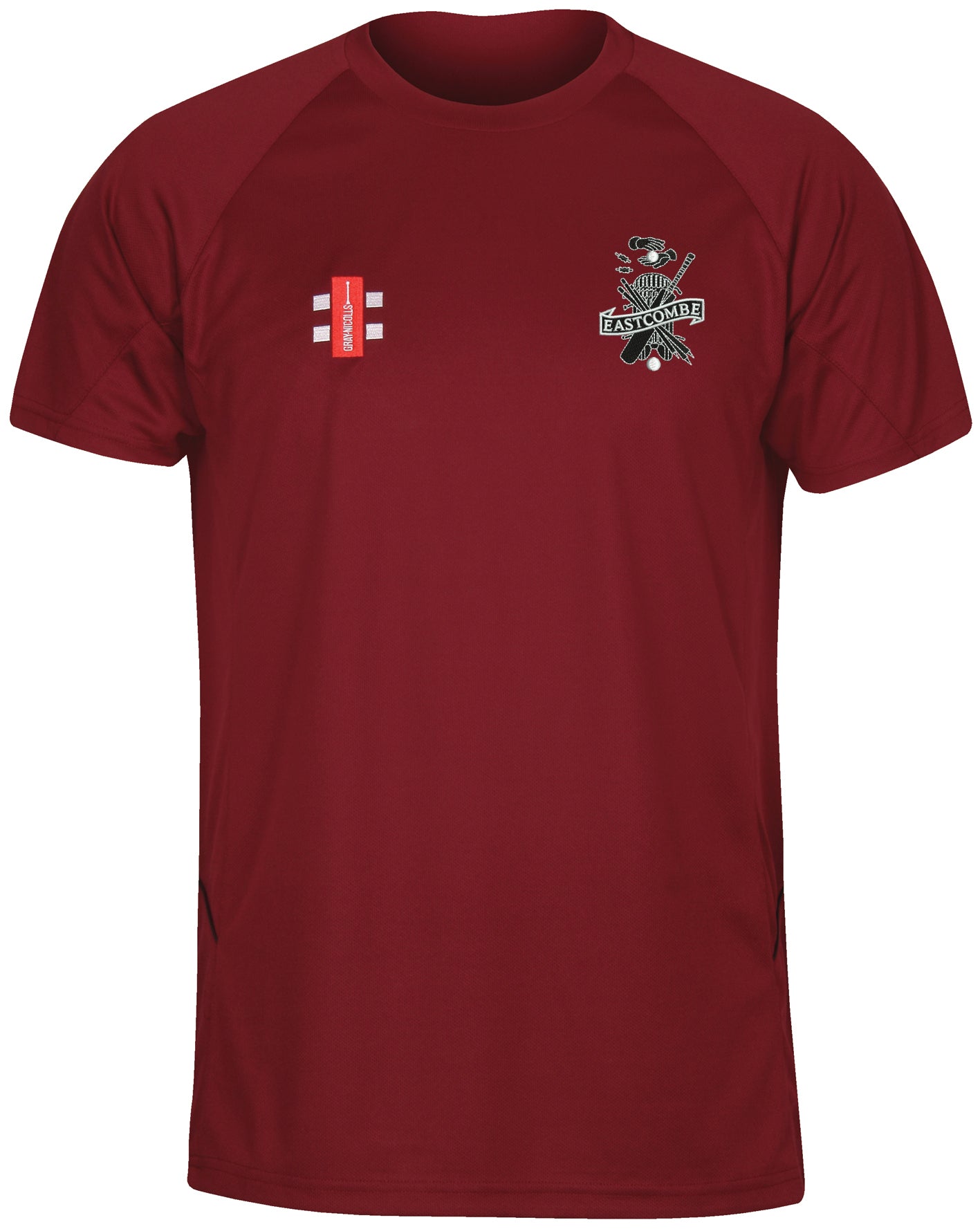 The Eastcombe CC Matrix V2 T Shirt by Gray Nicolls is a maroon top with a white and red rectangular logo on the left chest and an embroidered club crest on the right, designed for comfort and excellent moisture management.