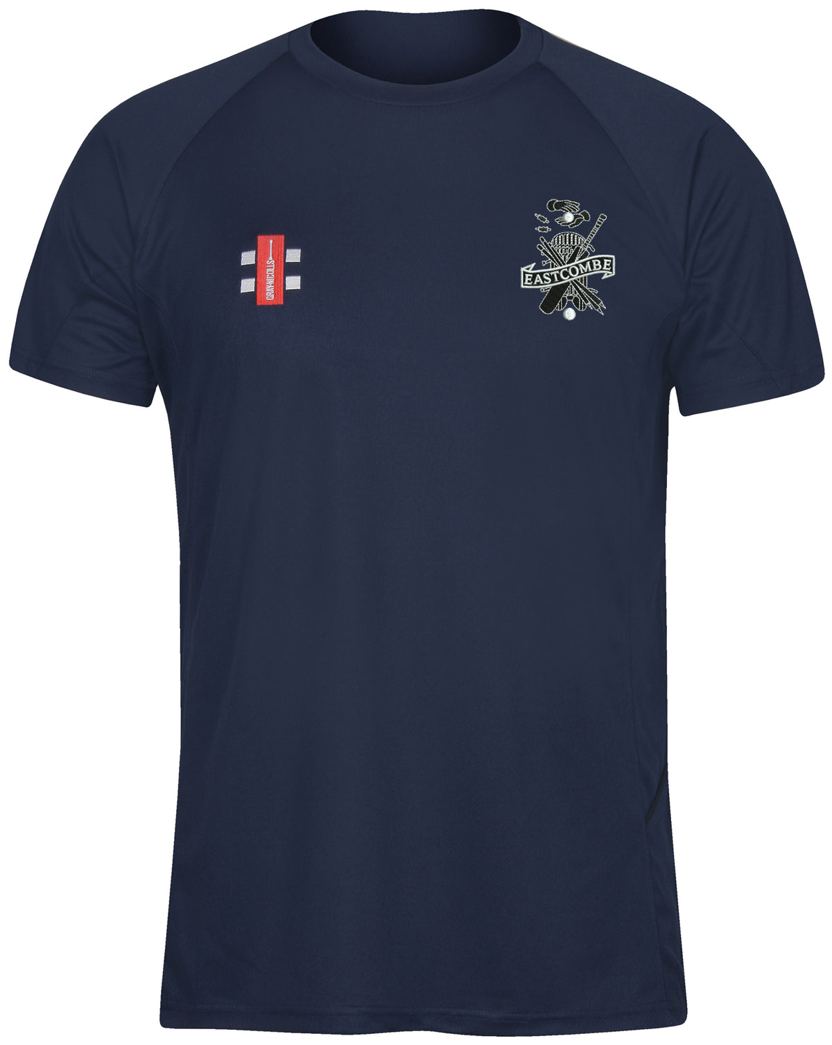 Navy blue Gray Nicolls Eastcombe CC Matrix V2 T Shirt with moisture management, featuring the EAST COBB logo with crossed cricket bats on the left chest and a red and white cricket wicket logo on the right.