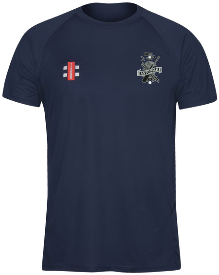 Navy blue Gray Nicolls Eastcombe CC Matrix V2 T Shirt with moisture management, featuring the EAST COBB logo with crossed cricket bats on the left chest and a red and white cricket wicket logo on the right.