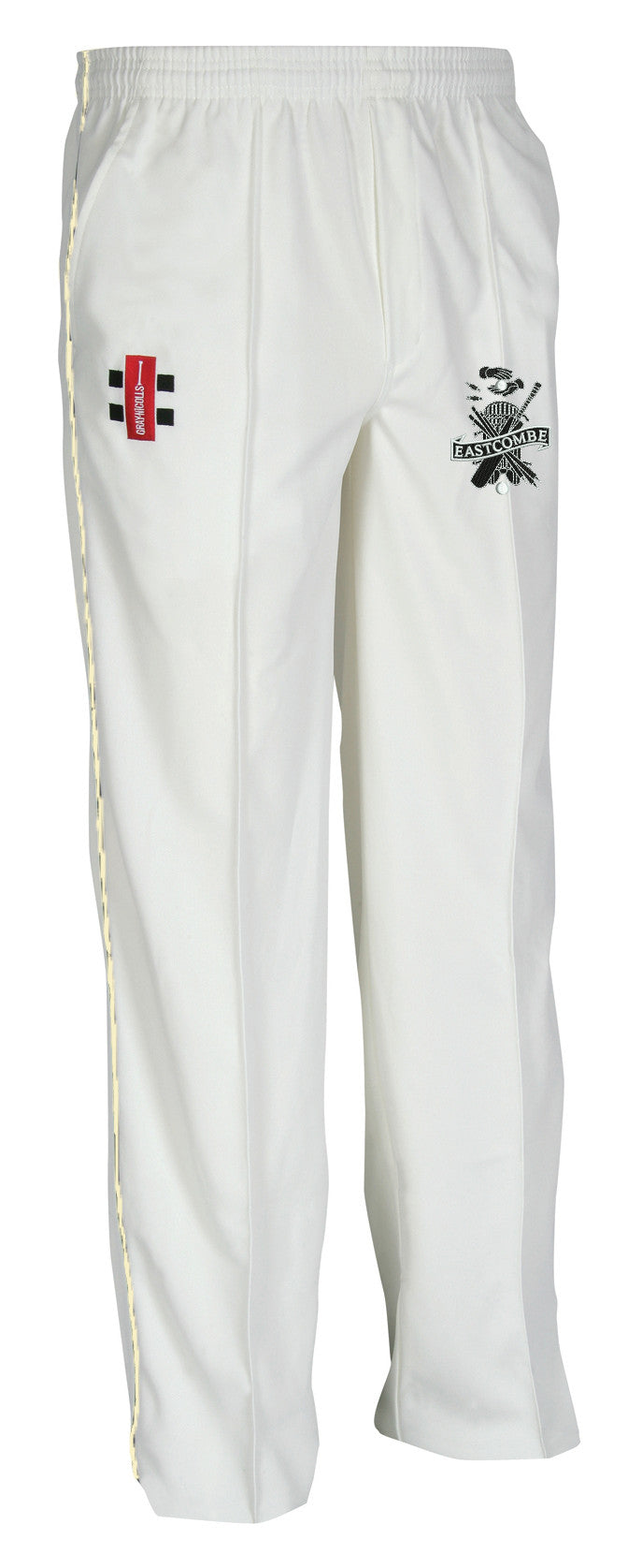 The Gray Nicolls Eastcombe CC Matrix V2 Cricket Trouser features an elastic waistband, black emblem on the right thigh, red and black logo on the left thigh, and a subtle yellow line along the left leg seam for ergonomic design.