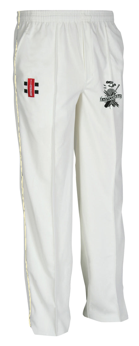 The Gray Nicolls Eastcombe CC Matrix V2 Cricket Trouser features an elastic waistband, black emblem on the right thigh, red and black logo on the left thigh, and a subtle yellow line along the left leg seam for ergonomic design.