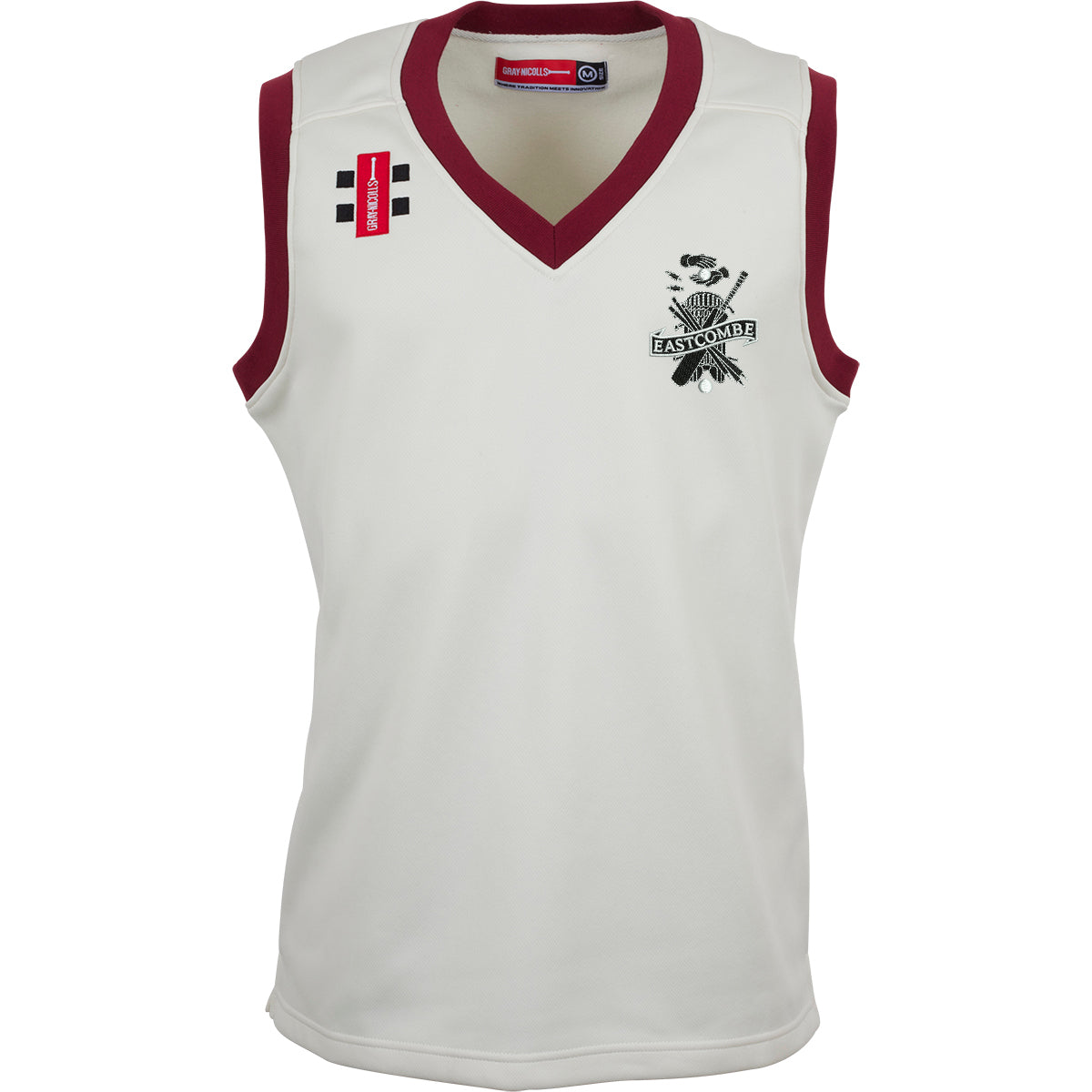 The Gray Nicolls Eastcombe CC Pro Performance Slipover is a sleeveless white sports jersey with maroon trim and lightweight bonded fabric, featuring the black and white Eastcombe Cricket Club logo and two sponsor logos on the chest.